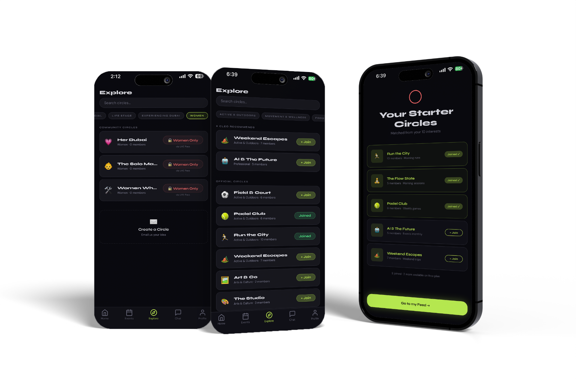 Clique consumer app showing circle discovery, event booking, and member matching on mobile